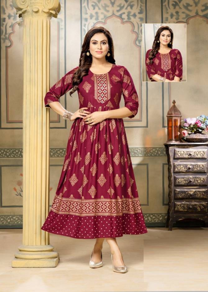 Mayra Gold Queen New Fancy Ethnic Wear Rayon Printed Long Anarkali Kurti Collection
